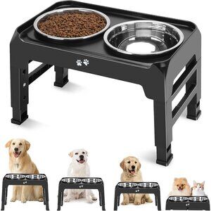 Elevated Dog Bowls, 4 Height Adjustable Raised Bowl Stand with 2 Thick 50oz Stai